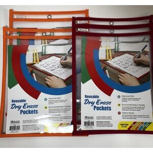 4‑Pack Bazic Dry Erase Pockets‎ 9"x12" — Orange/Red Reusable Sleeves, New